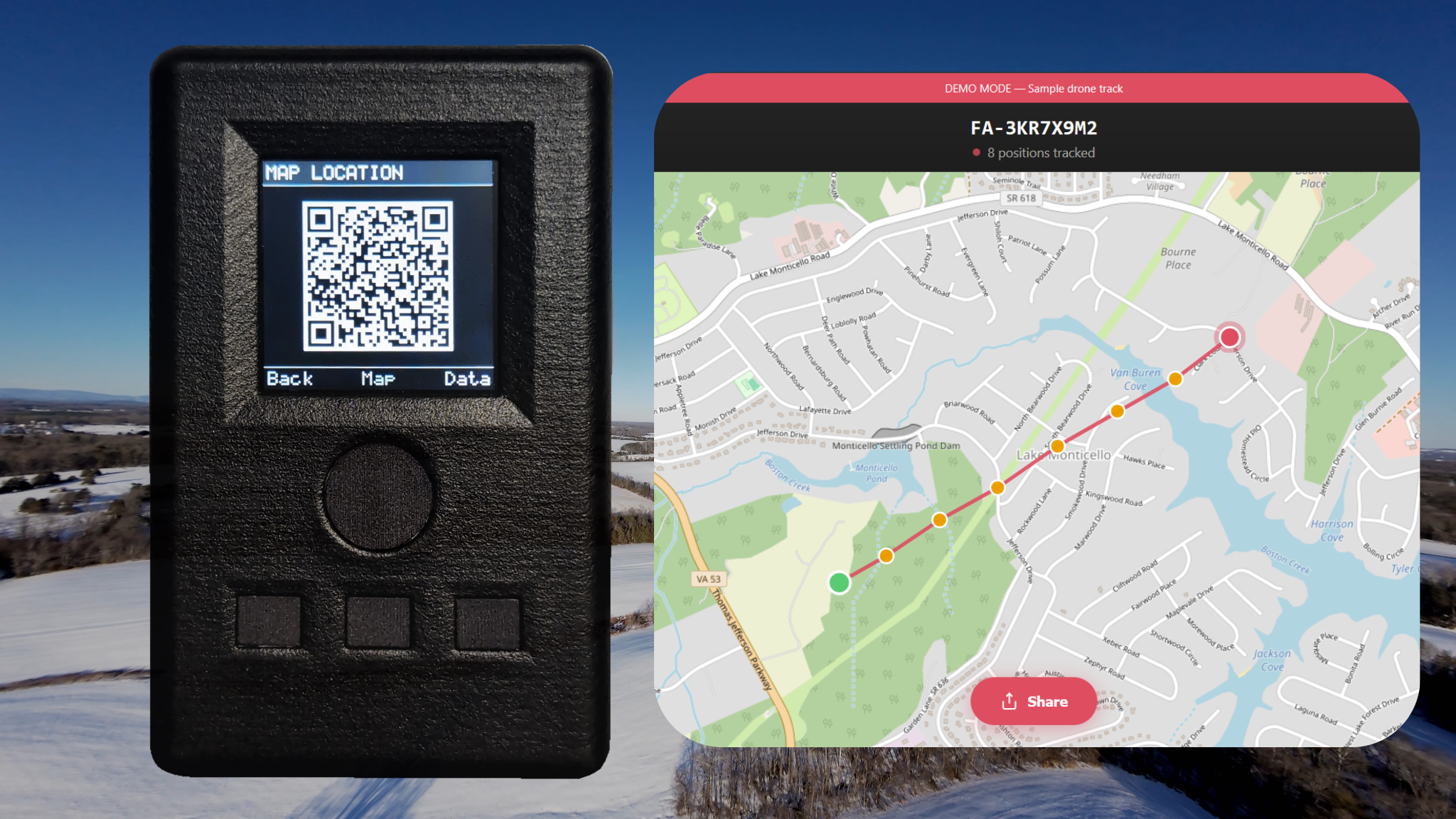 Locus showing map location QR code and drone flight path on map